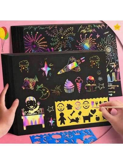 50 piezas Tarjetas de Rascar de Colores del Arcoíris, Adecuadas para Fiestas de Vacaciones, Juego de Arte de Papel de Rascar, Sin Bolígrafo/Tinta, Sin Desorden, Incluye Punzón de Bambú + Plantilla, Recuerdos de Fiesta, Regalos de Fiesta de Cumpleaños, Tarjetas de Arte de Rascar Decorativas para Vacaciones