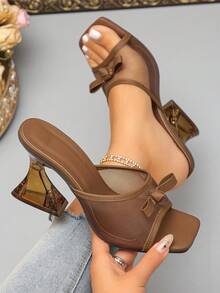 Zapatos de tacón súper alto con parche de encaje y hebilla de moño, sandalias para fiestas al aire playa - Marrón - Ver 4