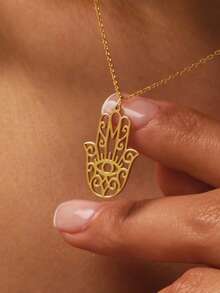 1pc 18K Gold Plated Stainless Steel Hamsa Hand Necklace, Fatima Hand Pendant Necklace, Evil Eye Necklace, Spiritual Faith Jewelry, Religious Necklace, Christmas Gift, Mother's Day Gift, Gift For Mom - Gold - View 2