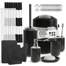 Clara Clark Black Bathroom Accessory Set - 23PC Complete Set With Bath Rugs Shower Curtain Set Soap Dispenser Toilet Brush And Trash Can - Black - View 2