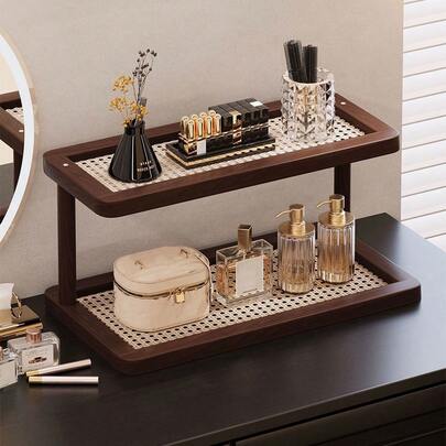 1pc Vintage Wooden & Rattan Desktop Storage Rack, Chinese Style Double-Layer Vanity Organizer, Multi-Purpose Tabletop Storage Shelf, Vanity Organizer, Kitchen Spice Rack, Cup & Mug Holder, High-End Display Shelf, Home Decor & Storage Accessory, Woven Tray, Quick Draining, Suitable For Vanity Cosmetics, Bathroom Toiletries, Office, Entryway Keys, Aromatherapy Etc.