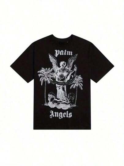 2025 Camiseta Gráfica de Ángel para Hombres y Mujeres - Camiseta de Manga Corta de Ajuste Holgado Inspirada en el Vintage con Diseño de Palmera y Ángeles, Negra, Ropa Casual|     Estilo vintage|     Algodón duradero, comodidad transpirable para todos los días. M0KA