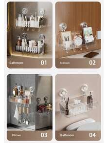 No Drill Suction Cup Bathroom Shelf, Wall Mounted Organizer Rack With Hooks For Toiletries - Multicolor - View 12