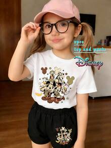 Printed With The Leopard Print Of Disney Mickey Mouse Jungle Adventure, Officially Authorized By Disney, Two-Piece T-Shirt Shorts, Mother-Daughter Clothes, Suitable For Daily Wear, Vacation, Outdoor Activities, And Can Also Be Used As A Gift For Children. - 白色 - 查看 1