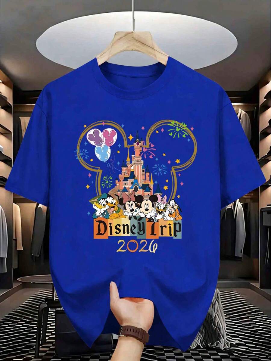 [Authorization] Disney Castle In 2026, Mickey, Minnie, Donald Duck, Daisy, Balloons, Fireworks, Men's And Women's Patterned T-Shirts, 220g Cotton. Paradise Dream Tour Short Sleeves, Casual And Comfortable Fit, Perfect Gift For Teenagers And Father's Day, Shirt - Màu xanh lam - Xem 1
