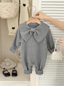 New Arrival Baby Girls' Knitted Romper With Bow Cape, Korean Style, Suitable For Spring, Autumn, Winter - Grey - View 3