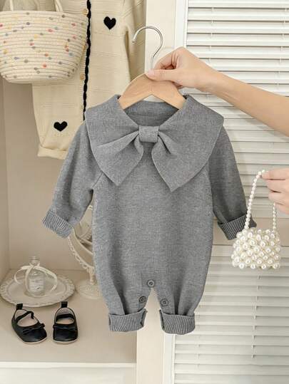 New Arrival Baby Girls' Knitted Romper With Bow Cape, Korean Style, Suitable For Spring, Autumn, Winter