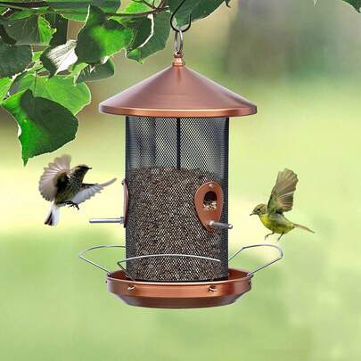 铁艺悬挂式喂鸟器，防风防雨，大容量，适用于户外花园，防松鼠设计，易于清洁