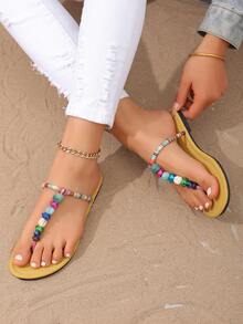 Sandálias rasteiras femininas de verão, feitas à mão com miçangas, estilo boêmio, minimalistas, perfeitas para férias na praia. - amarelo terroso - Ver 4