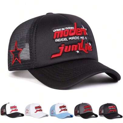 1Piece Men Letter Embroidered Side Pentagram Baseball Cap Mesh Hat Outdoor Adjustable Sunscreen Leisure Hat Spring Autumn Travel Tourism Beach Vacation