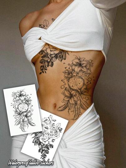 2pcs Rose Flower & Dreamcatcher Temporary Tattoo Set, Black Rose Flower Tattoo Stickers For Women & Girls, Lasts 3-5 Days, Can Cover Scars, Suitable For Waist, Chest, Arms, Legs Or Back, Great For Parties, Gifts, Vacation, Easy To Apply And Remove Body Art Tattoo Stickers