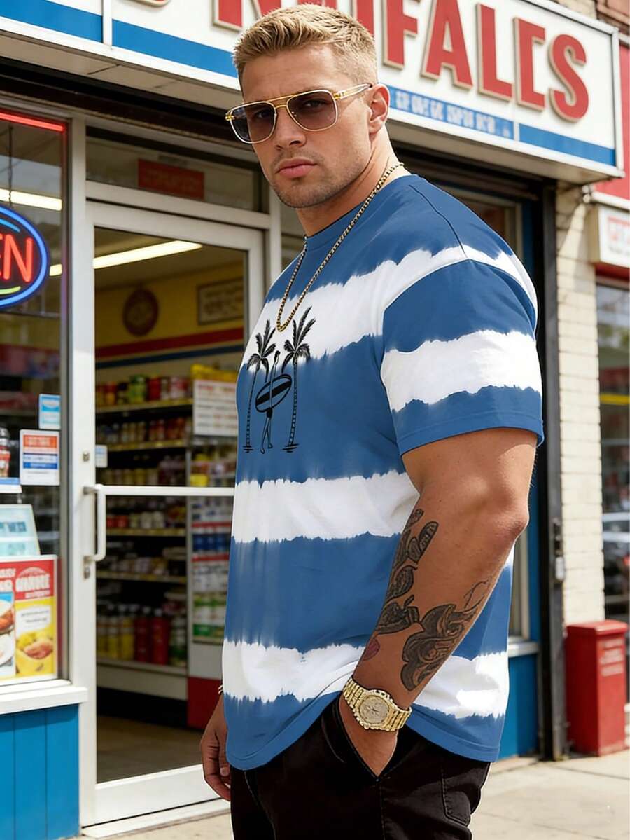 Plus Size Men's Fashionable White & Striped Ombre Print Short Sleeve T-Shirt, Casual Contrast Color Tee With Palm Tree Logo, Versatile For Daily Wear And Workout, Summer - Multicolor - View 1