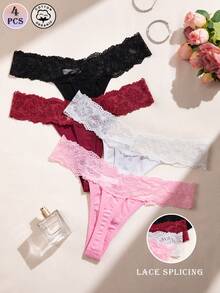 4pcs Lace Patchwork Women's Cotton Low-Rise Thong Panties - Multicolor - View 2