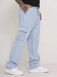 Men's Cargo Pants In Twill And Denim, Comfortable Oversized Casual Fit With 6 Pockets, Skate Style - 淺色水洗藍 - 查看 6