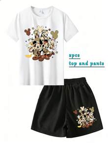 Printed With The Leopard Print Of Disney Mickey Mouse Jungle Adventure, Officially Authorized By Disney, Two-Piece T-Shirt Shorts, Mother-Daughter Clothes, Suitable For Daily Wear, Vacation, Outdoor Activities, And Can Also Be Used As A Gift For Children. - 白色 - 查看 2