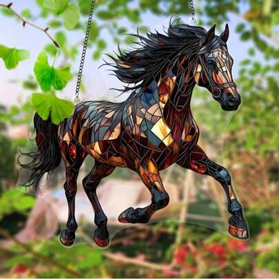 1pc, 8x8 Inches Acrylic Stained Glass Horse Suncatcher, Animal Theme Hanging Decor, Fun Room Decor For Office, Equestrian Enthusiast Gift, Wall Art For Club, Living Room, Bedroom, Garden, Porch, Window Decor, Home Decor For Birthday, Animal Theme