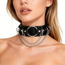 PU Leather Punk Style Double-Layer O-Ring Chain Choker Necklace, Personalized Metal Round Ring Clavicle Necklace - Black - View 8