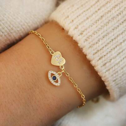 1件简约经典心形字母眼睛吊坠金色不锈钢链手链，女士款