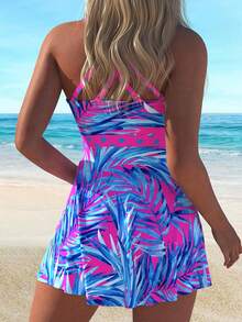 Marble-Print Women's V-Neck Open-Back Tankini Two-Piece Swimsuit - Multicolor - View 2