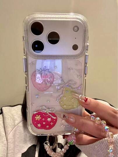 韩版ins风透明闪金草莓水果手机壳，兼容 17 Pro Max、15新款、16 Pro，适合女生，双层防震手机壳，带挂绳