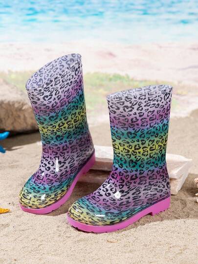 1 Pair Fashionable Kids' Glitter Rainbow Rain Boots, Boys & Girls Lightweight Waterproof Non-Slip Rubber Shoes With Handle, Durable Rain Boots For Outdoor, Rainy Days And Beach Play