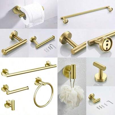 4 Pieces Bathroom Kit Accessories Restroom 24Inch Towel Bar Towel Ring Holder Toilet Paper Holder And Hook Set SUS 304 Stainless Steel Bathroom Hardware Set Brushed Gold