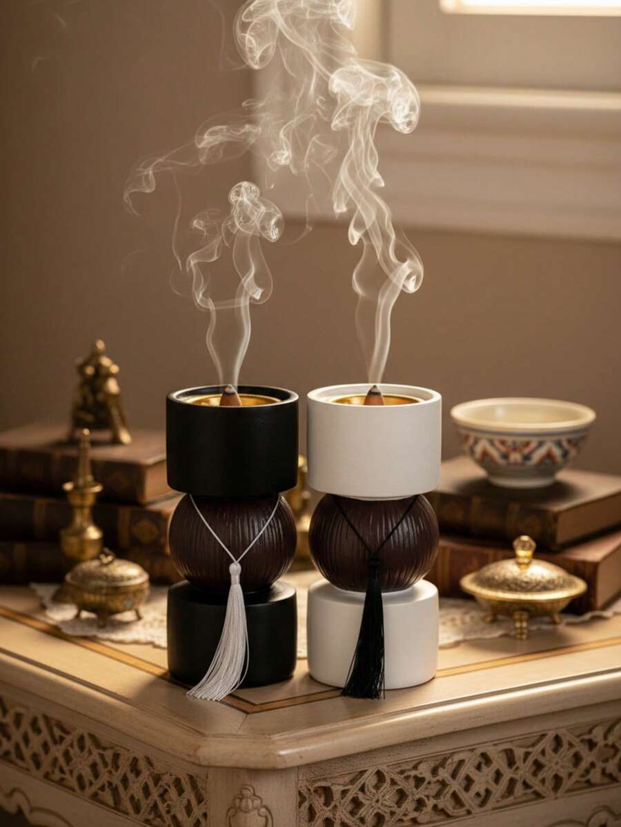 1pc Retro Minimalist Black & White Resin Ball Incense Burner With Silver Metal Incense Holder, Suitable For Home Prayer, Home Decor, Office Decor, Dining Table Decor, Family Activity Room Decor - Multicolor - View 1