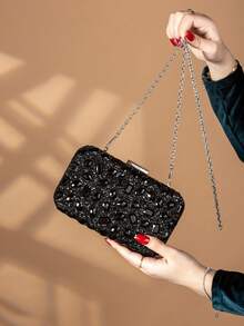 REMANLAND 这款奢华水钻装饰手拿包，采用优雅的盒形设计，配有可拆卸金属链条肩带，是派对、婚礼和正式场合的理想之选。包内设有隐藏式卡槽，也可作为钱包使用。是馈赠亲朋好友的完美礼物。 - 黑色 - 查看 3