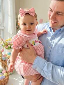 Conjunto de ropa de Pascua para niña bebé, mono de manga corta con bordado de conejito y diadema, ropa para recién nacida - Rosa - Ver 5