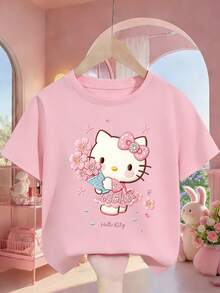 SANRIO H Ello Kitty With Cherry Blossoms Print Girls T-Shirt - Made Of Pure Cotton Machine Washable Suitable For All Seasons Summer Wear Fun Sexy Avant Garde And Personalized Design Opaque Fabric - 粉色 - 查看 1