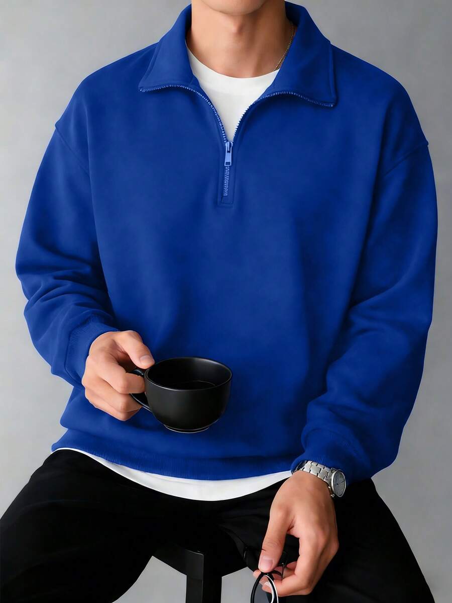 Sudadera casual de manga larga con cuello alto, cremallera y media cartera, versátil para el día a día en otoño/invierno - azul real - Ver 1