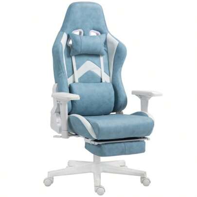 Reclining Gaming Chair, Height Adjustable, With Headrest And Lumbar Support, Ergonomic And With Extendable Footrest, In Faux Leather, Supporting Up To 120 Kg, Blue.