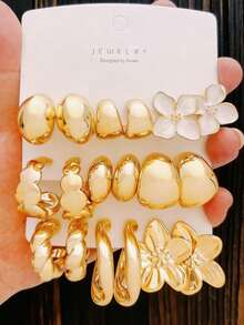 3/9 Pairs Fashionable Gold Smooth Five-Petal Flower & White Asymmetrical Twist C-Shape Stud Earrings Set, Luxury Lightweight Everyday Wear, Great Gift For Valentine's Day, Friends And Family - Gold - View 1