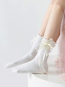 1 Paar Baby Einfarbige Fliegen-Socken, schwarz & weiß kniehohe Prinzessin-Stil nahtlose Socken, Frühling/Herbst - Verschiedenfarbig - Übersicht 15