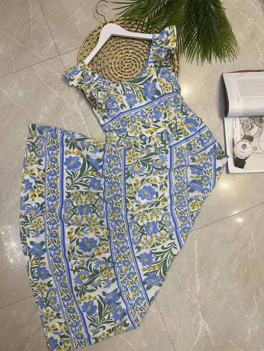 Long Dress With Print, Lined, With Built-In Bra Cups, Made Of Pretty, Fashionable Crepe Fabric. - Biru muda/kuning - View 1