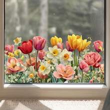 Zdejmowane naklejki na okna wiosenne | Realistyczne naklejki 3D z tulipanami, stokrotkami, lawendą i słonecznikami. Nieregularne wzory kwiatowe na drzwi szklane, lustra, kabiny prysznicowe – łatwe do odklejenia i przyklejenia. - A - Zobacz 9