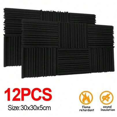 12Pcs Acoustic Foam Panels Tiles Soundproofing Insulation Foam Wall Tiles Black