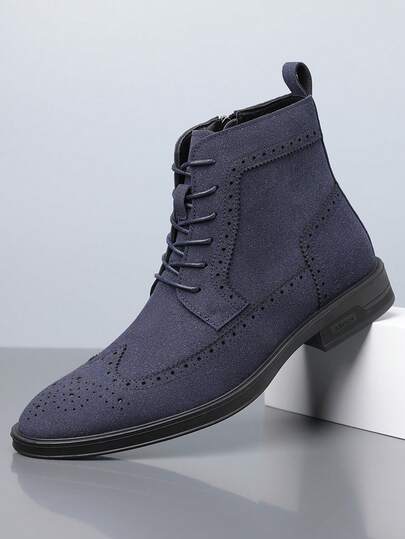 1双男士纯色实用风格系带经典布洛克低跟PU皮鞋面橡胶鞋底透气休闲踝靴，适合日常穿着