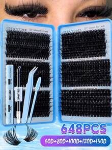 720/684/648/200片混裝睫毛簇套組，8-16mm 6種長度豐盈睫毛，打造自然妝容。含膠水、密封劑、刷子和鑷子。適合初學者，便攜且易於搭配各種日常、派對、舞台和節日妝容 - 藍色 - 查看 1