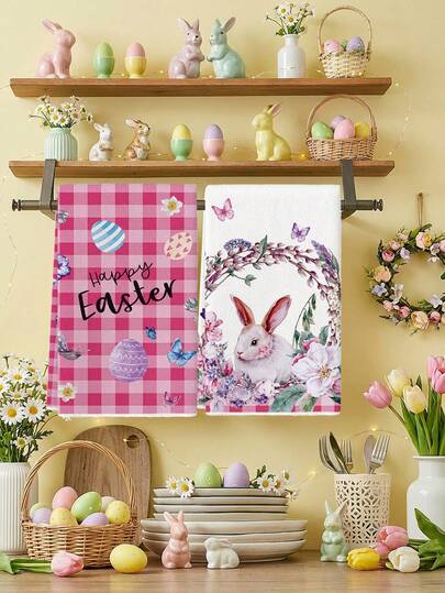 2 Pcs Easter Egg Bunny Pattern Kitchen Towels Rose Red Buffalo Plaid Dish Towels Can Be Used In Kitchen Drying Hand Towels Suitable For Kitchen Bathroom Decor