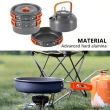 6-7 Personen Camping Kochgeschirr Set, beinhaltet Camping Wasserkessel, Kochtopf, Bratpfanne, Geschirr Set, klappbar und kompakt für die Aufbewahrung, Outdoor Camping Kochgeschirr und Utensilien, geeignet für Camping, Reisen, Wohnmobil, Picknick, tolles Geschenk, Camping Ausrüstung - Orange - Übersicht 5