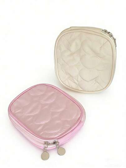 绗缝心形高品质简约拉链化妆包，旅行收纳包，可装化妆品、充电器、数据线、耳机和日常必需品，时尚美观，女士必备