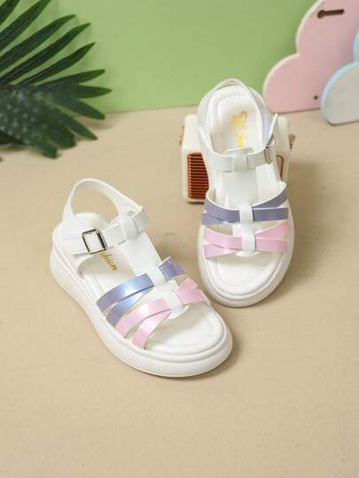 2026 New Girls' High Heel Roman Sandals, Soft PU Lining, Fashionable Colorblock Design, Beach Shoes, Girls' High Heels