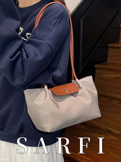 Bolso de mano casual y versátil con decoración de hebilla en contraste para mujeres; un bolso de hombro gris claro de alta gama y único, un estilo minimalista y moderno para ir y venir, perfecto para compras y uso diario, práctico y ligero con amplio almacenamiento; diseño de cierre magnético.