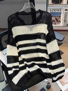女士条纹镂空针织套头毛衣，系带设计，休闲宽松长袖轻薄防晒上衣，时尚百搭，夏季必备 - 黑色 - 查看 3