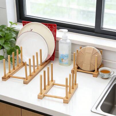1pc Bamboo Dish Rack, Drying Rack For Bowls, Cups, Pot Lids, Cutting Boards, Kitchen Cabinet Storage