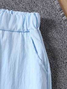 3件套少女夏季休闲短袖上衣、背心和裤子套装 - 淺藍色 - 查看 4