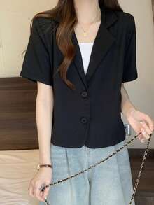 韩版时尚女式西装外套，新款夏季休闲短袖西装上衣，黑色 - 黑色 - 查看 2
