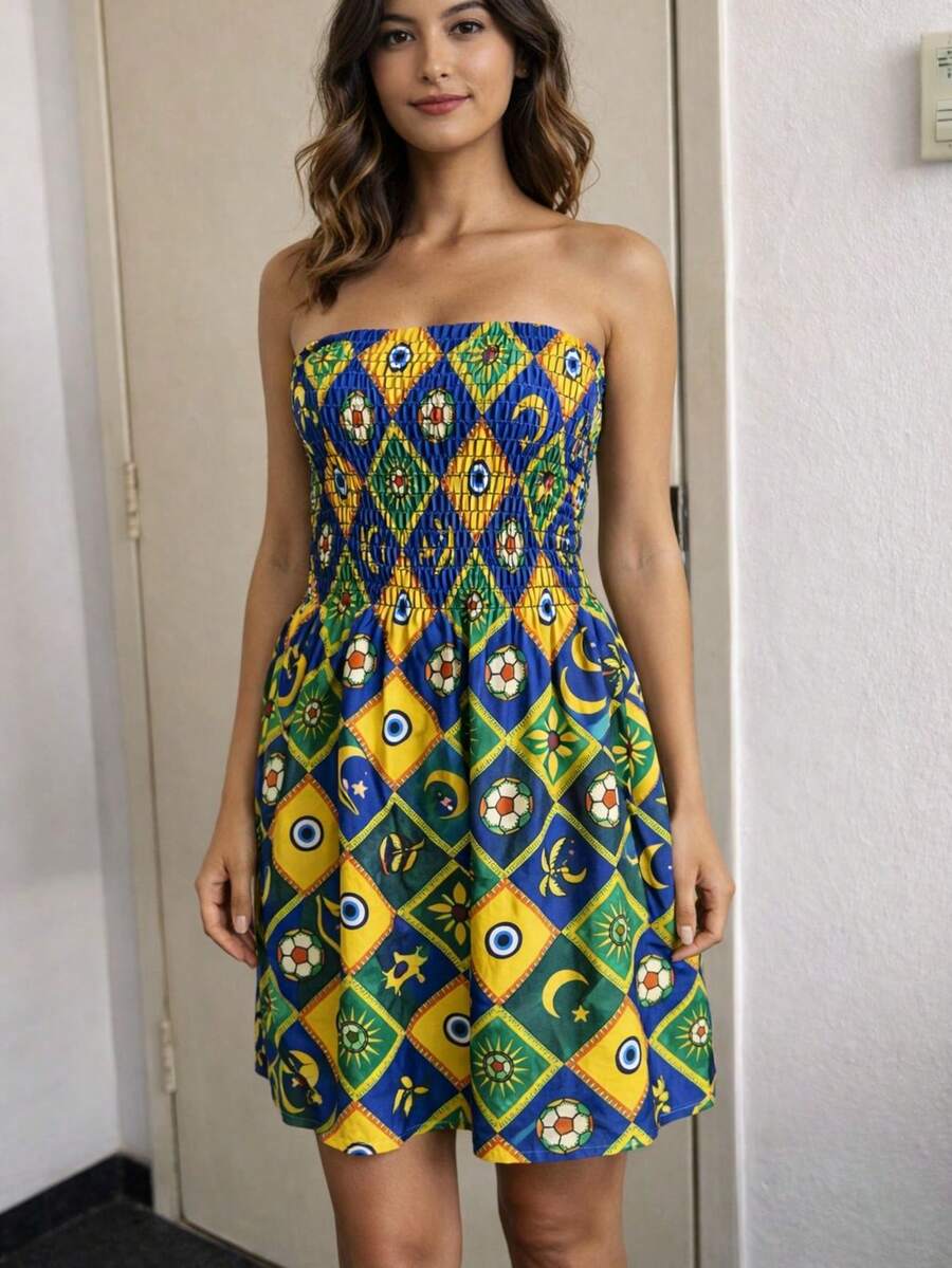 Short Strapless Printed Dress With Elastic For Summer And Festivals, 2026 . - Brazil Blue - View 1