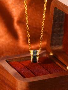 1pc Niche Design Black & Gold Circular Ring Necklace, Versatile Collarbone Chain, High-End Black & Gold Contrast Necklace, Rhinestone Waist Circular Ring Necklace - Gold - View 2